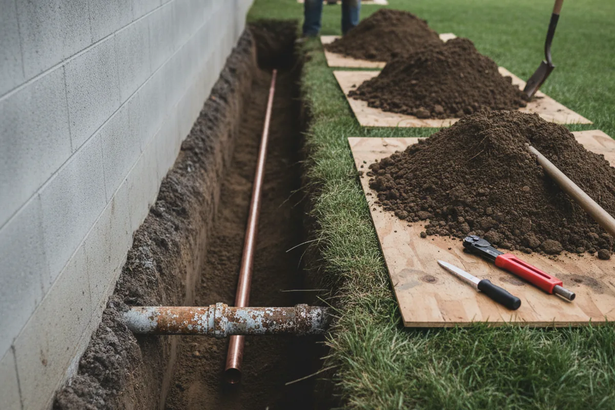 Excavated water line trench during Sewer Line Repair in Clearwater
